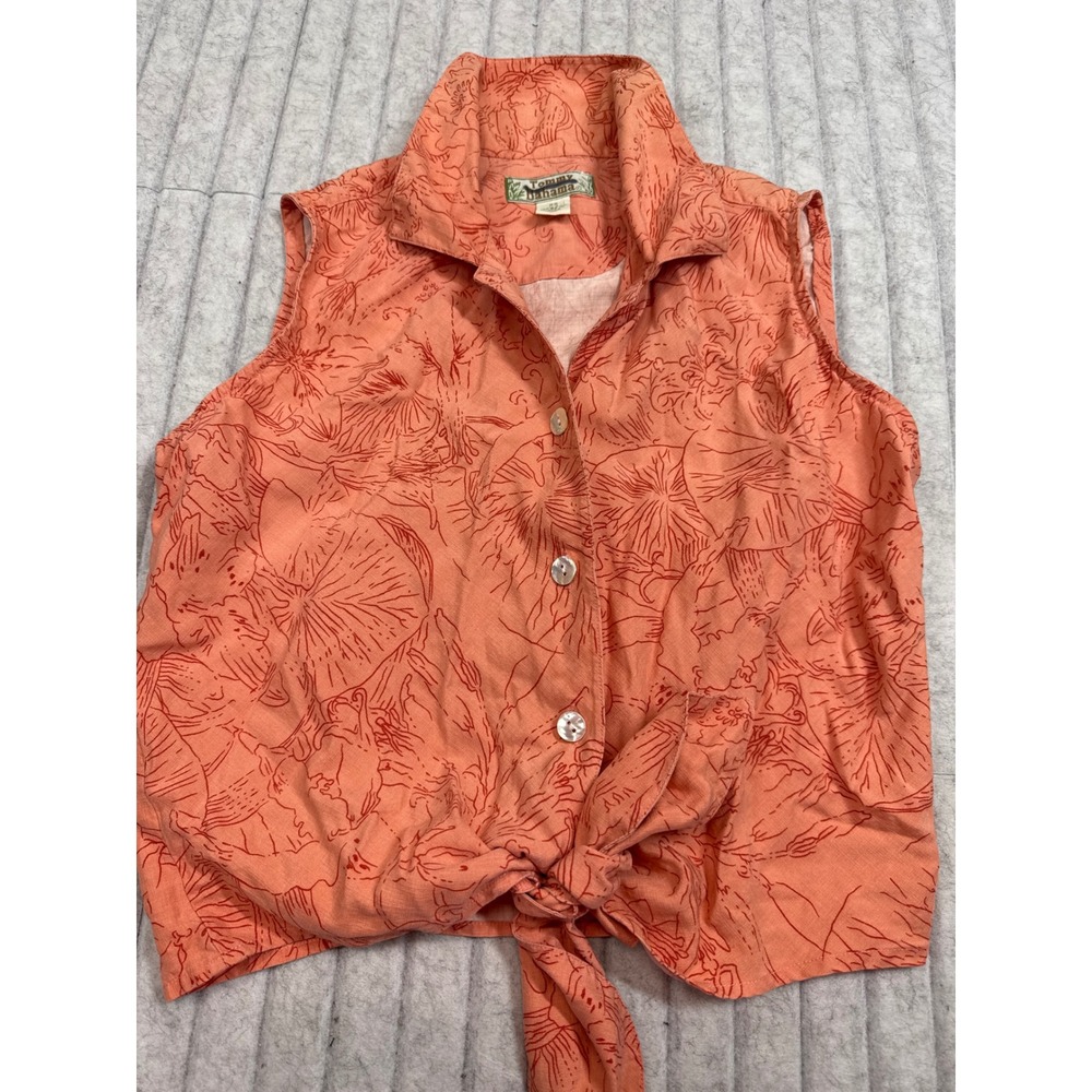 Tommy Bahama Womens XS Silk Sleeveless Tie Front Floral Shirt Coral Orange